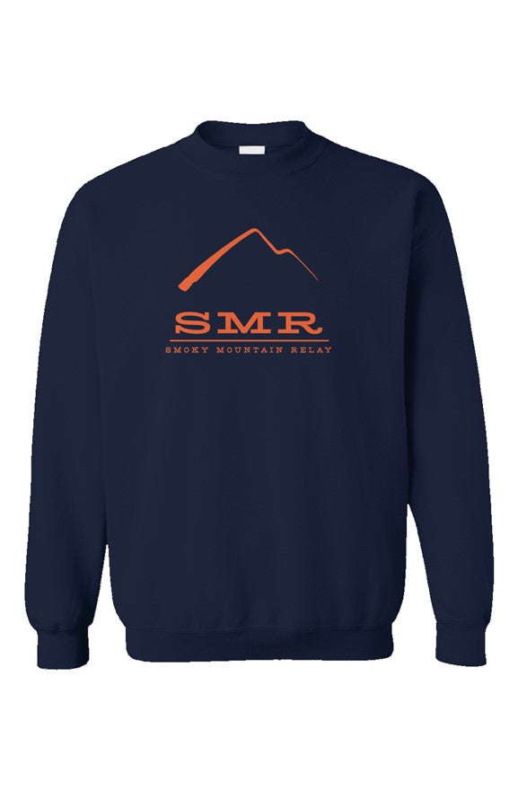 Navy blue sweatshirt with orange logo and text on a white background