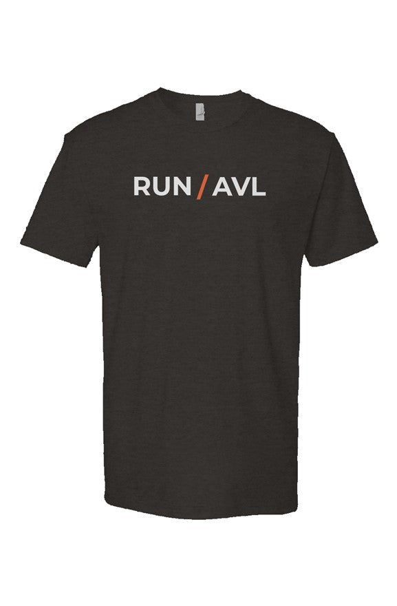 black shirt with words RUN / AVL in white with orange slash separating the words