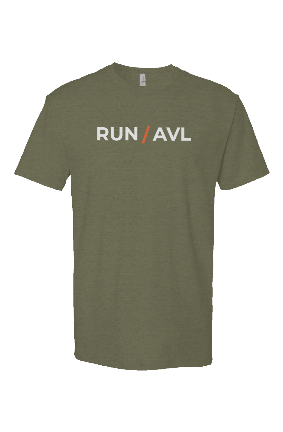 military green shirt with words RUN / AVL in white with orange slash separating the words