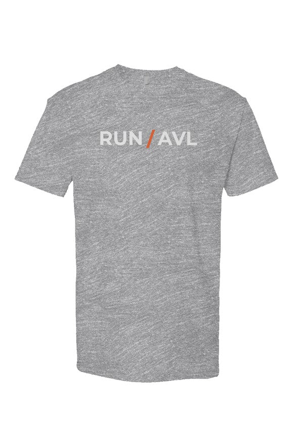 heather grey shirt with words RUN / AVL in white with orange slash separating the words