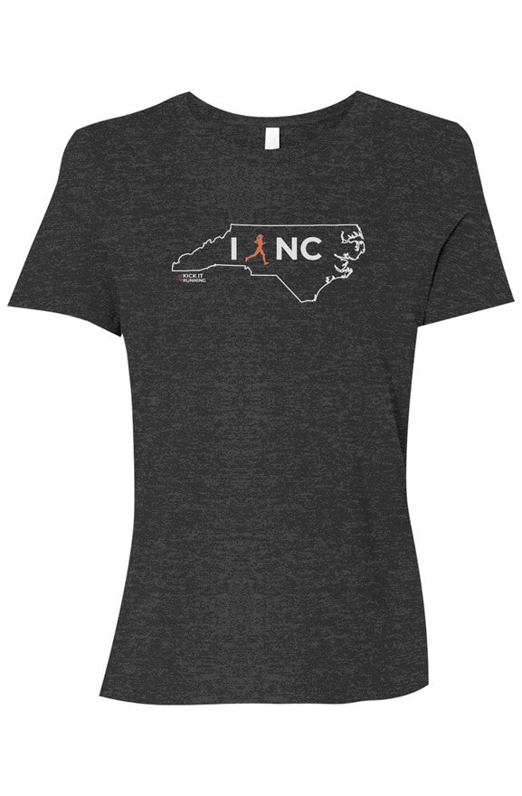 dark grey t-shirt with white North Carolina outline graphic surrounding 'I RUN NC' text with the word 'RUN' replaced by a silhouetted female runner in orange