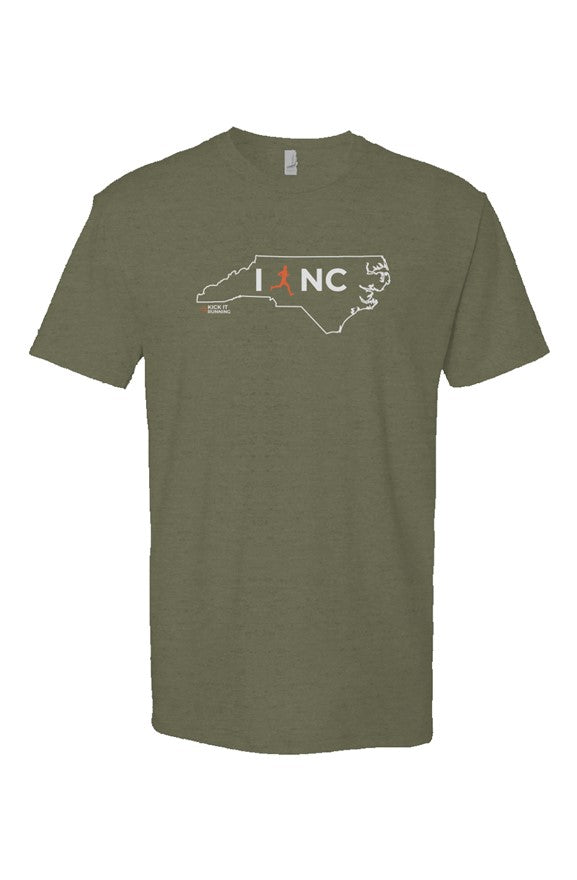 military green t-shirt with white North Carolina outline graphic surrounding 'I RUN NC' text with the word 'RUN' replaced by a silhouetted male runner in orange