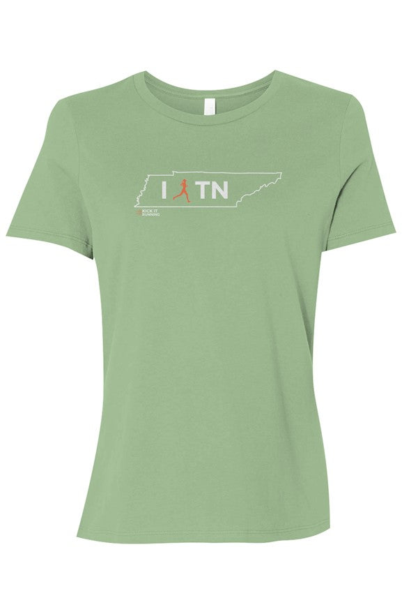 light green t-shirt with white Tennessee outline graphic surrounding 'I RUN TN text with the word 'RUN' replaced by a silhouetted female runner in orange