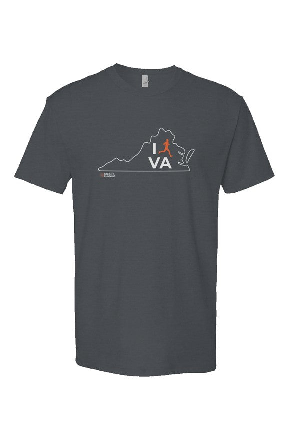 indigo t-shirt with white Virginia outline graphic surrounding 'I RUN VA' text with the word 'RUN' replaced by a silhouetted male runner in orange
