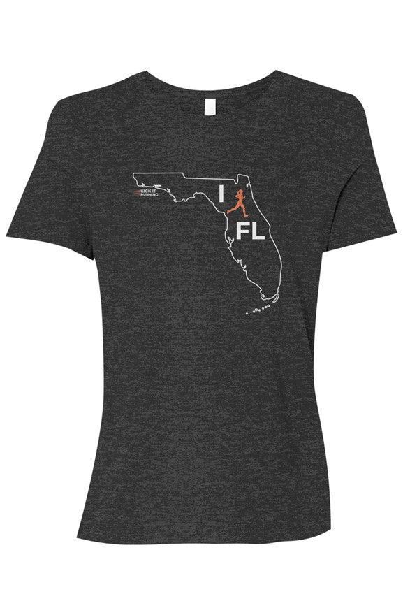 dark grey t-shirt with white Florida outline graphic surrounding 'I RUN FL' text with the word 'RUN' replaced by a silhouetted female runner in orange