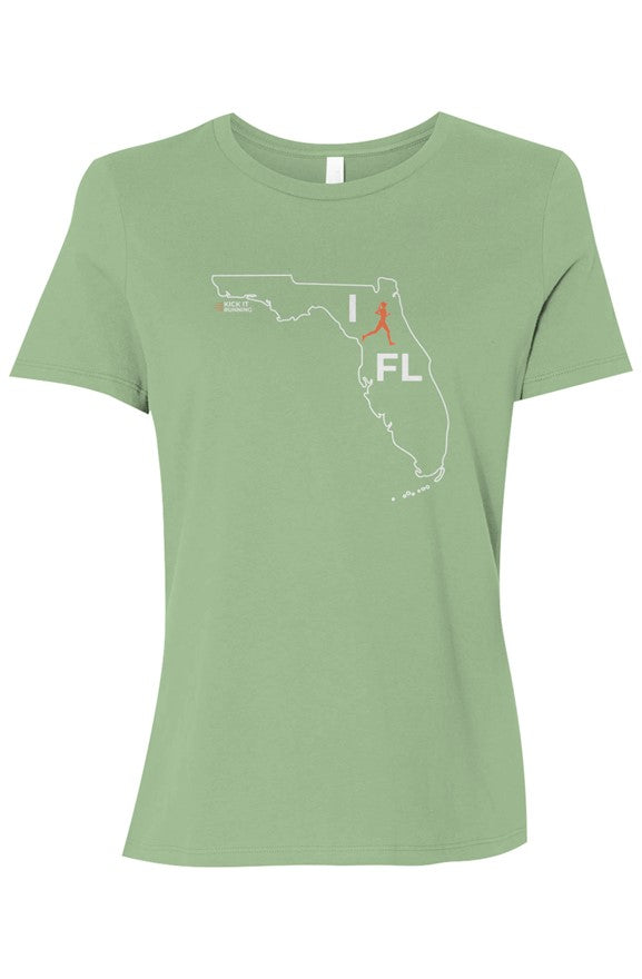 light green t-shirt with white Florida outline graphic surrounding 'I RUN FL' text with the word 'RUN' replaced by a silhouetted female runner in orange