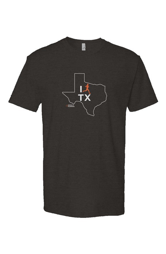 black t-shirt with white Texas outline graphic surrounding 'I RUN TX' text with the word 'RUN' replaced by a silhouetted male runner in orange
