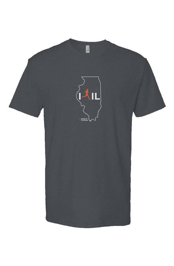 navy t-shirt with white Illinois outline graphic surrounding 'I RUN IL' text with the word 'RUN' replaced by a silhouetted male runner in orange