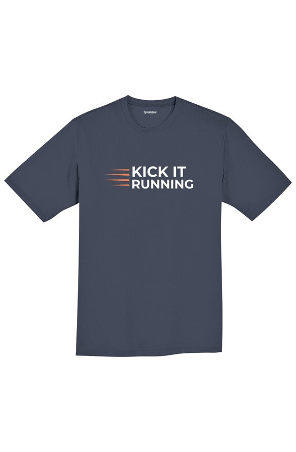 navy blue short-sleeve performance running shirt with four orange speed lines vertically stacked to the left followed by 'Kick It Running' text in white