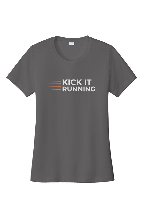 grey short-sleeve performance running shirt with four orange speed lines vertically stacked to the left followed by 'Kick It Running' text in white