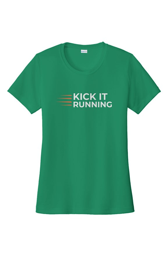 green short-sleeve performance running shirt with four orange speed lines vertically stacked to the left followed by 'Kick It Running' text in white