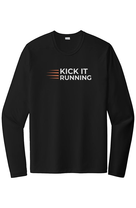 black long-sleeve performance running shirt with four orange speed lines vertically stacked to the left followed by 'Kick It Running' text in white