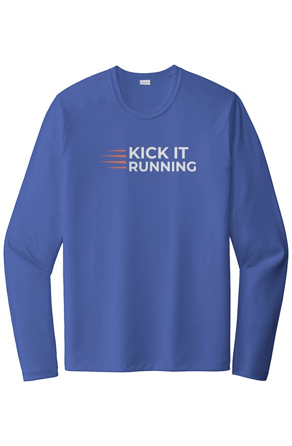 blue long-sleeve performance running shirt with four orange speed lines vertically stacked to the left followed by 'Kick It Running' text in white