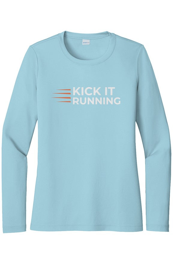 carolina blue long-sleeve performance running shirt with four orange speed lines vertically stacked to the left followed by 'Kick It Running' text in white