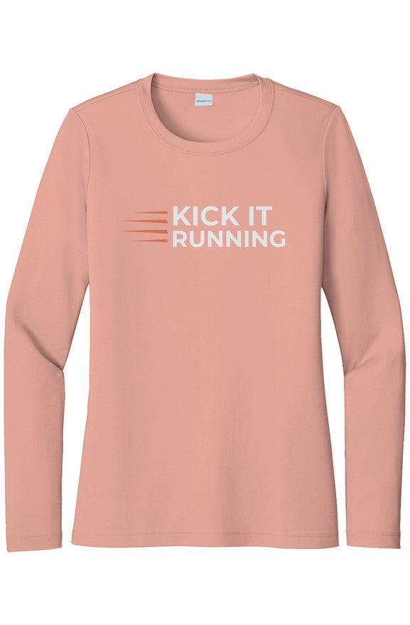 pink long-sleeve performance running shirt with four orange speed lines vertically stacked to the left followed by 'Kick It Running' text in white
