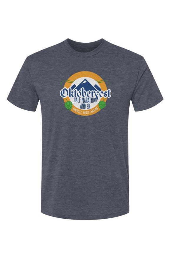 slate blue t-shirt with Oktoberfest Half Marathon & 5k logo with blue mountains, green hops in a gold ring on a white background