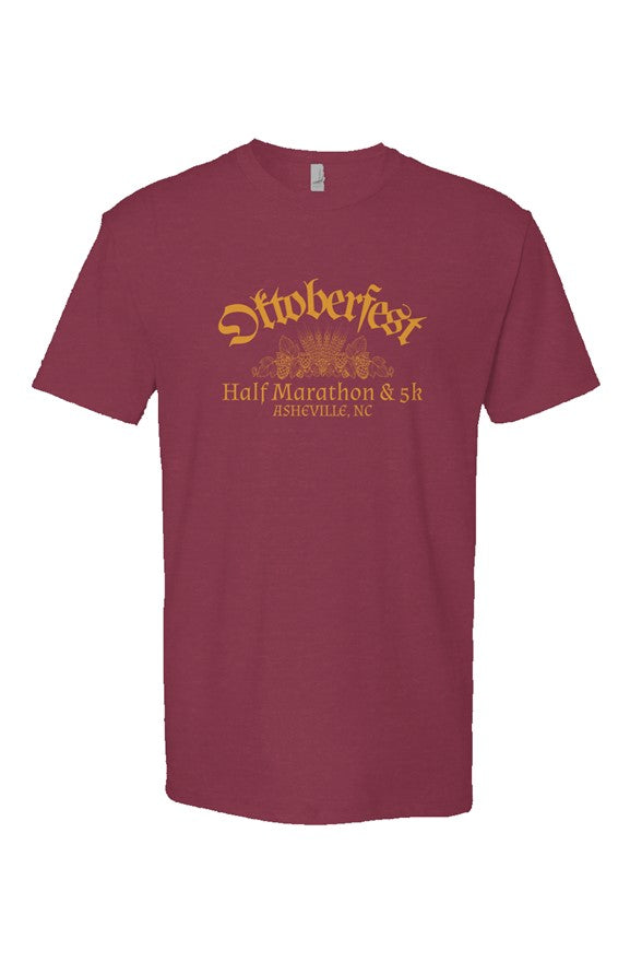 marron t-shirt with 'Oktoberfest Half Marathon & 5k Asheville NC' text in gold surrounding an outline of wheat and hops