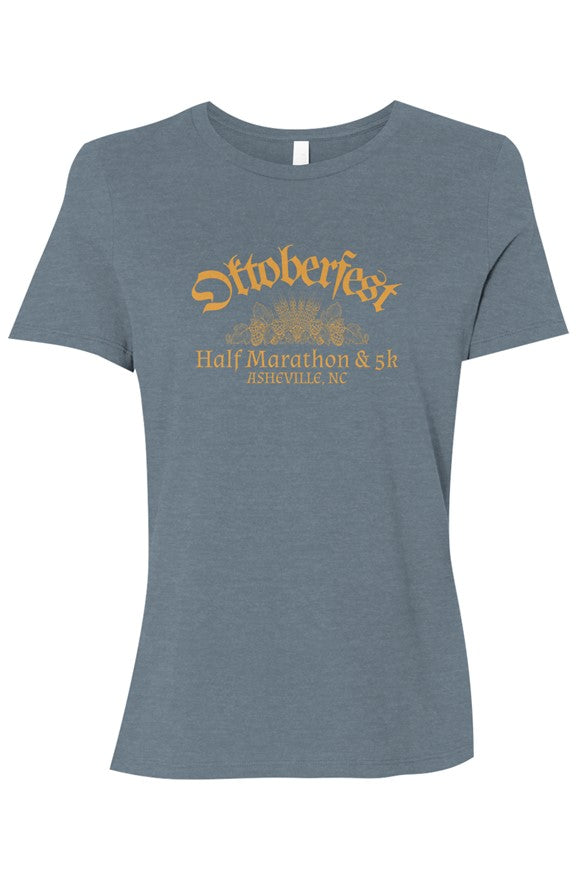 light blue t-shirt with 'Oktoberfest Half Marathon & 5k Asheville NC' text in gold surrounding an outline of wheat and hops