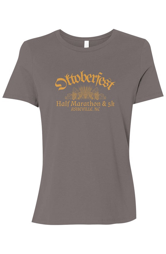 light grey t-shirt with 'Oktoberfest Half Marathon & 5k Asheville NC' text in gold surrounding an outline of wheat and hops.