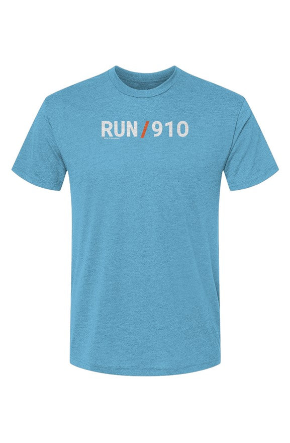 blue shirt with words RUN / 910 in white with orange slash separating the words