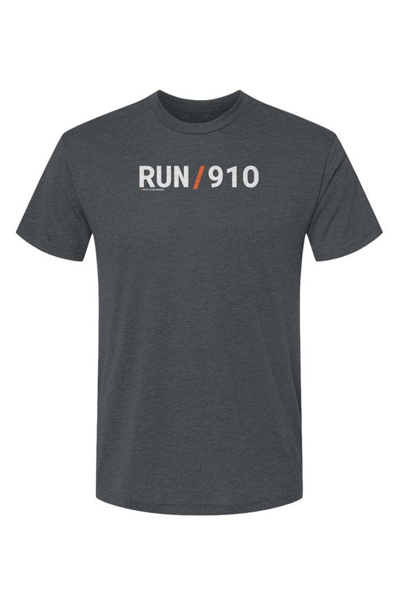 indigo shirt with words RUN / 910 in white with orange slash separating the words