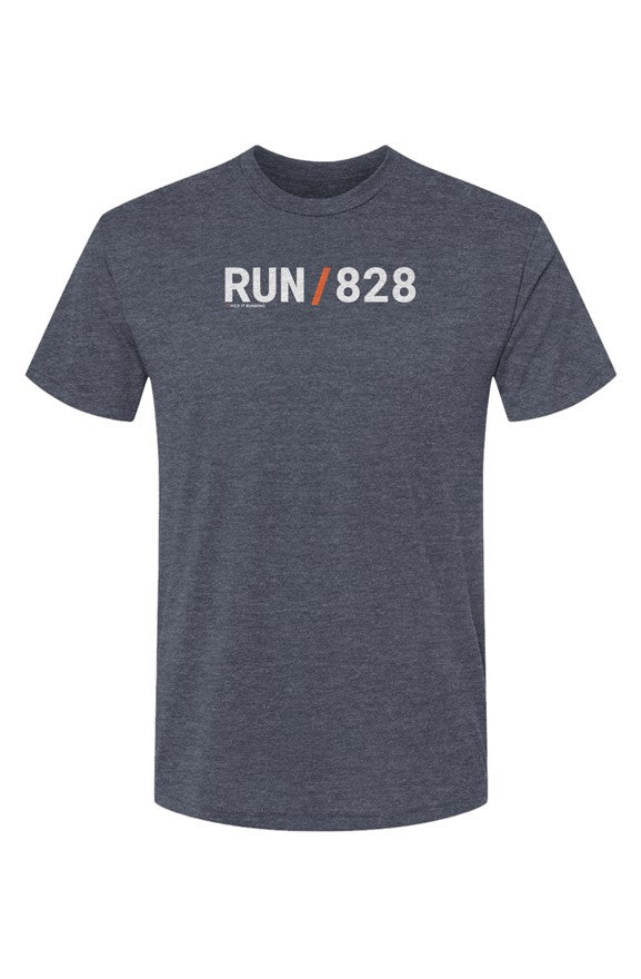 slate blue shirt with words RUN / 828 in white with orange slash separating the words