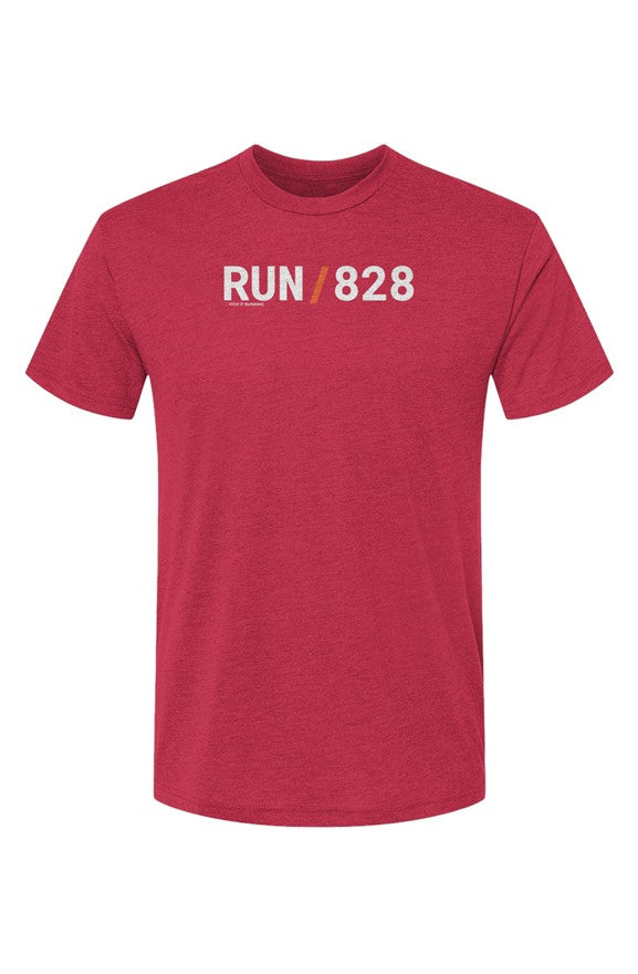 red shirt with words RUN / 828 in white with orange slash separating the words