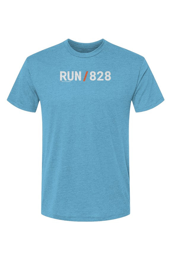 blue shirt with words RUN / 828 in white with orange slash separating the words