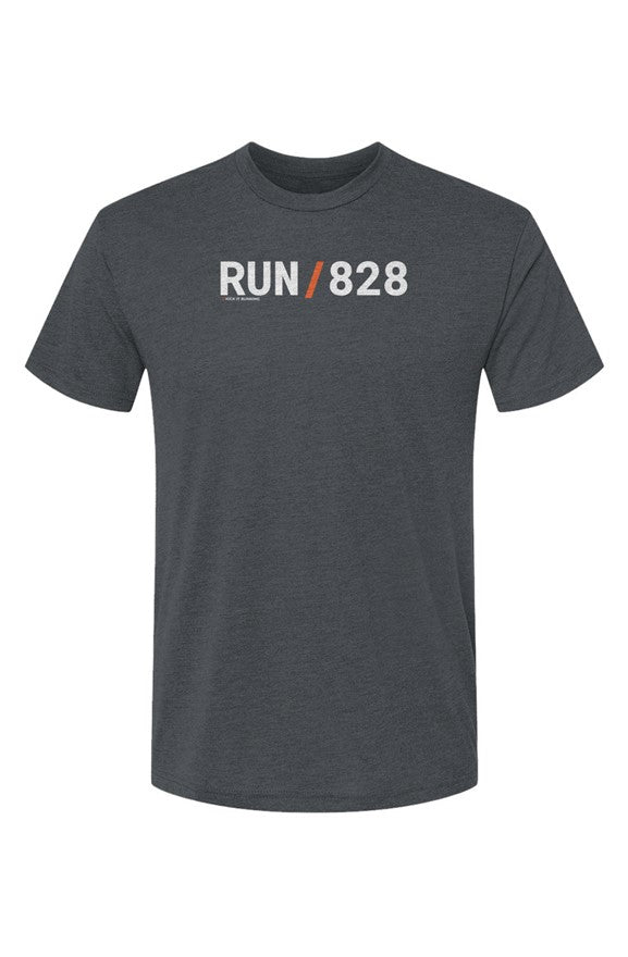 grey shirt with words RUN / 828 in white with orange slash separating the words