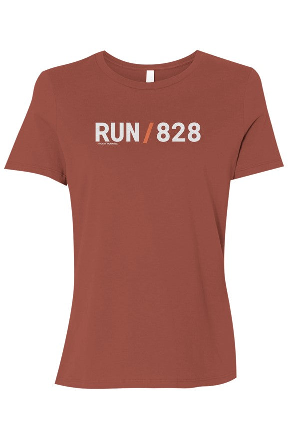 brown shirt with words RUN / 828 in white with orange slash separating the words