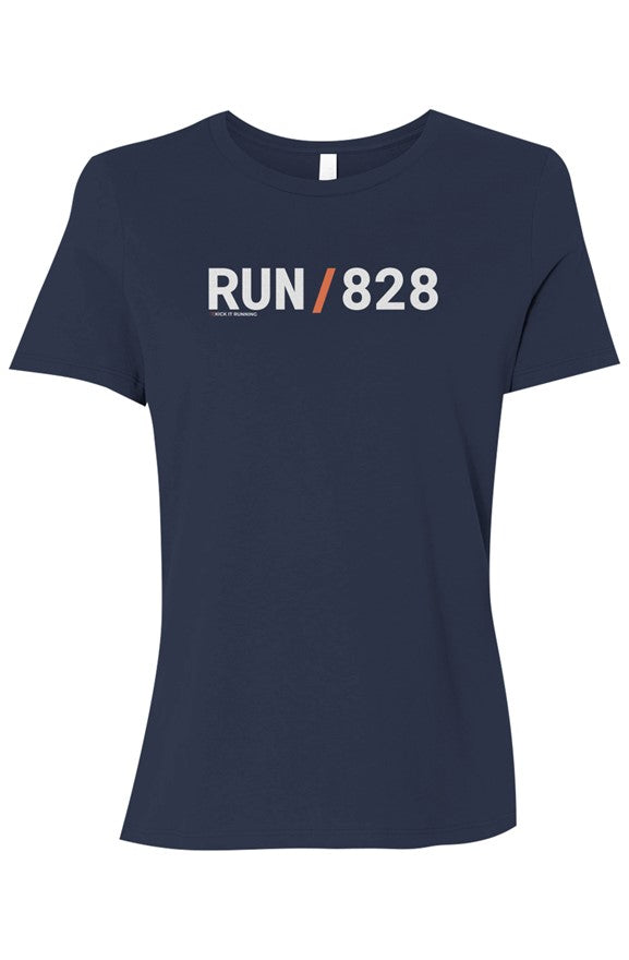navy blue shirt with words RUN / 828 in white with orange slash separating the words