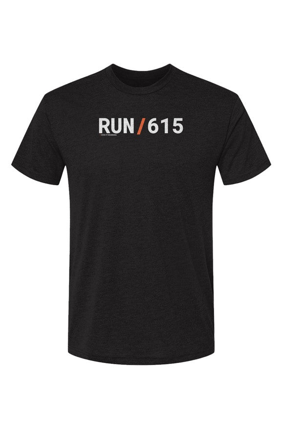 black shirt with words RUN / 615 in white with orange slash separating the words