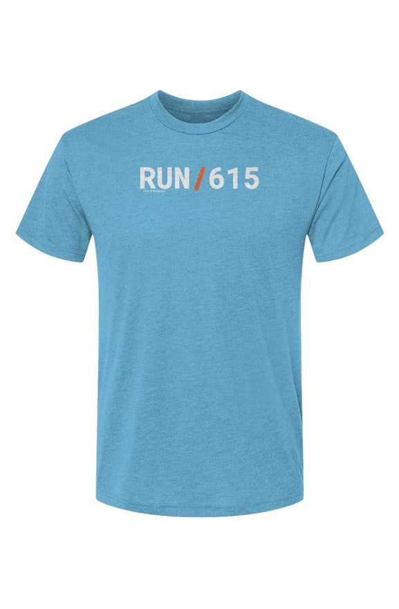blue shirt with words RUN / 615 in white with orange slash separating the words