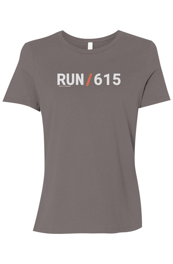 light grey shirt with words RUN / 615 in white with orange slash separating the words