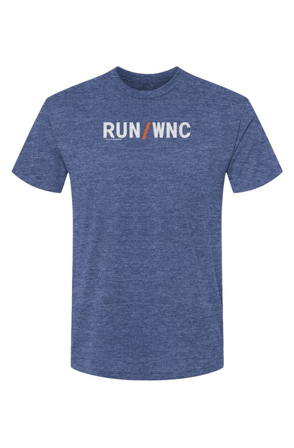 royal blue shirt with words RUN / WNC in white with orange slash separating the words