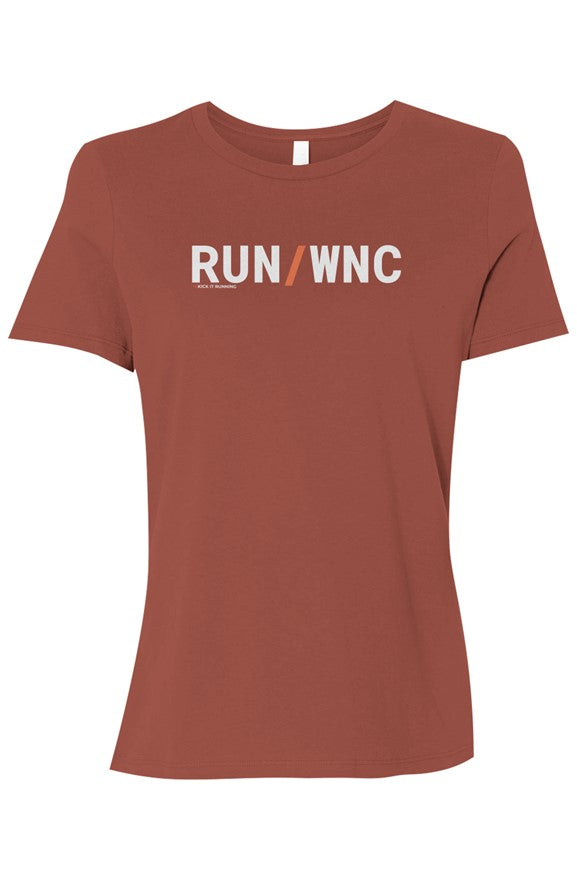 brown shirt with words RUN / WNC in white with orange slash separating the words