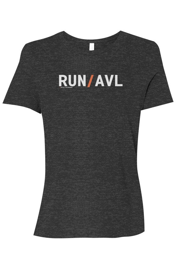 dark grey shirt with words RUN / AVL in white with orange slash separating the words