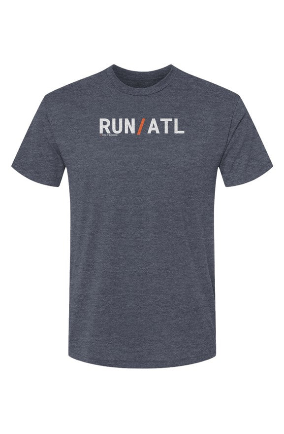 heather blue t-shirt with words RUN / ATL in white with orange slash separating the words