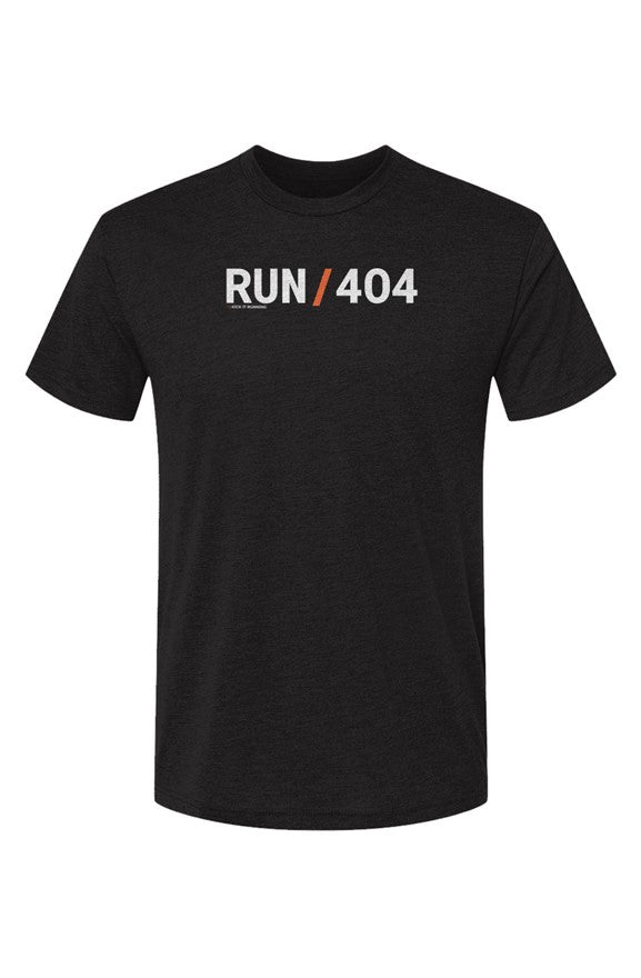 dark grey t-shirt with words RUN / 404 in white with orange slash separating the words