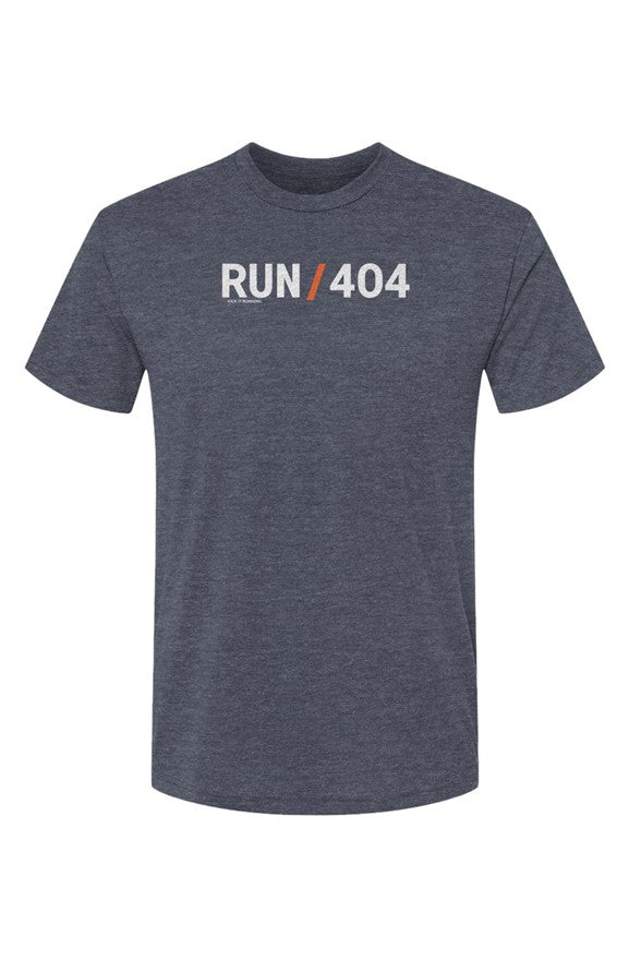 slate blue t-shirt with words RUN / 404 in white with orange slash separating the words