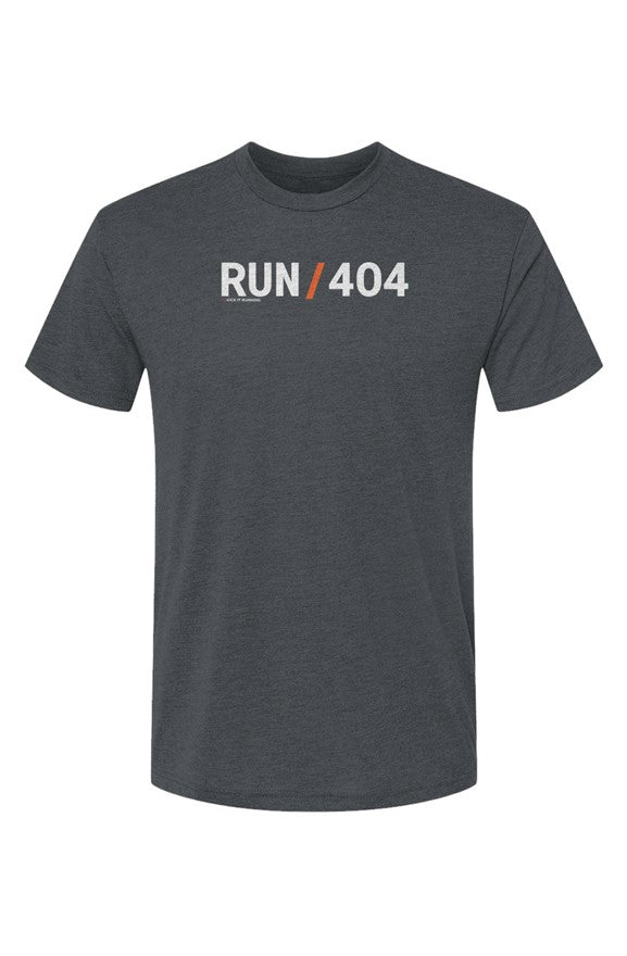 indigo blue t-shirt with words RUN / 404 in white with orange slash separating the words