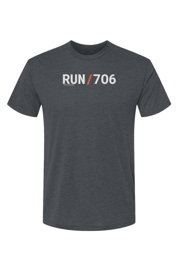 indigo blue t-shirt with words RUN / 706 in white with orange slash separating the words