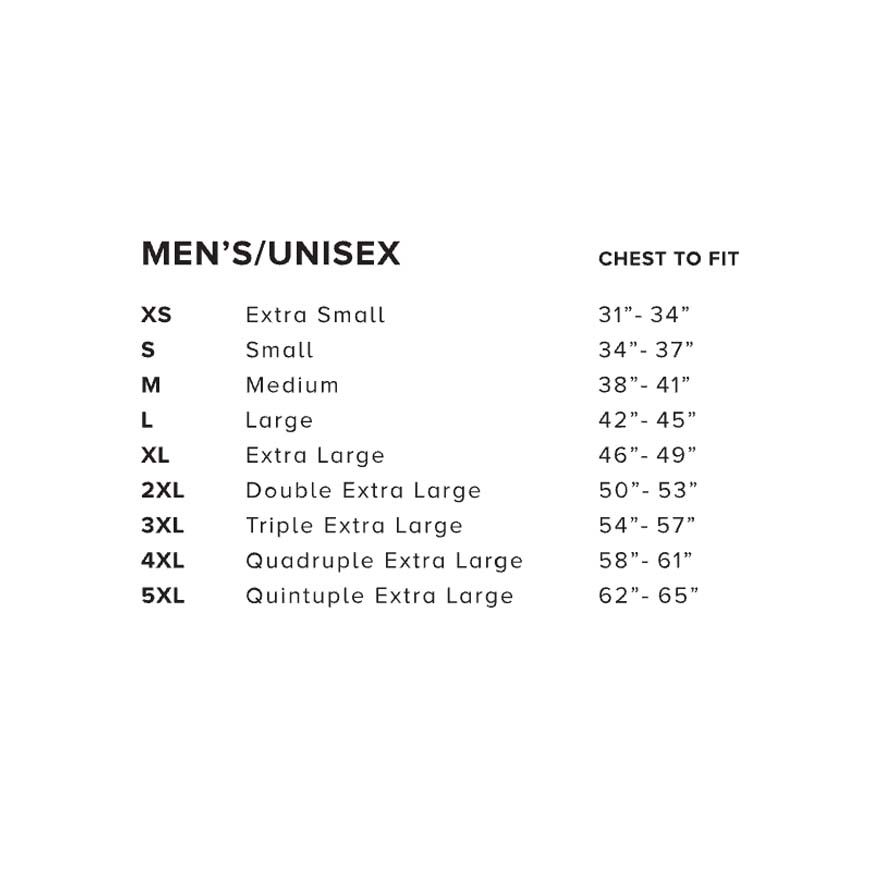 Men's/unisex bella canvas 3001 size chart for chest measurement on a white background