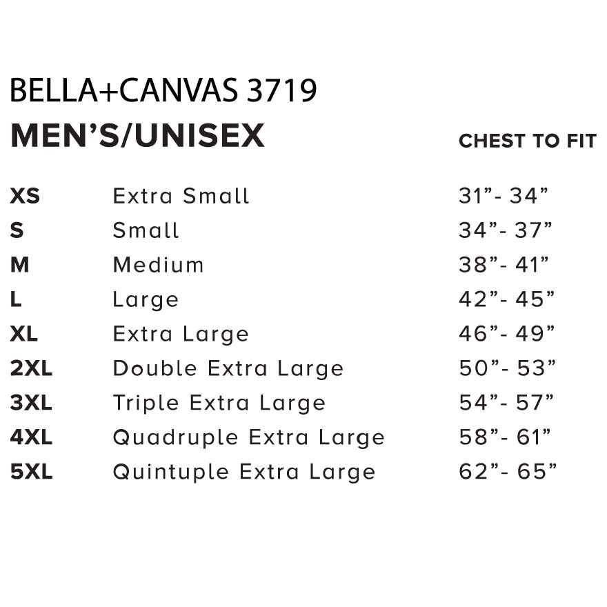 Bella+Canvas size chart for men's/unisex 3719 shirts on a white background