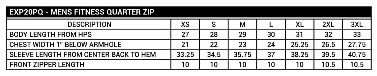 Size chart for men's fitness quarter zip with measurements in inches.