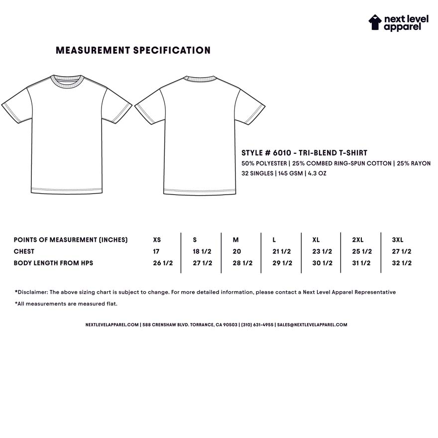 Measurement specification chart for a tri-blend 6010 t-shirt with Next Level Apparel branding