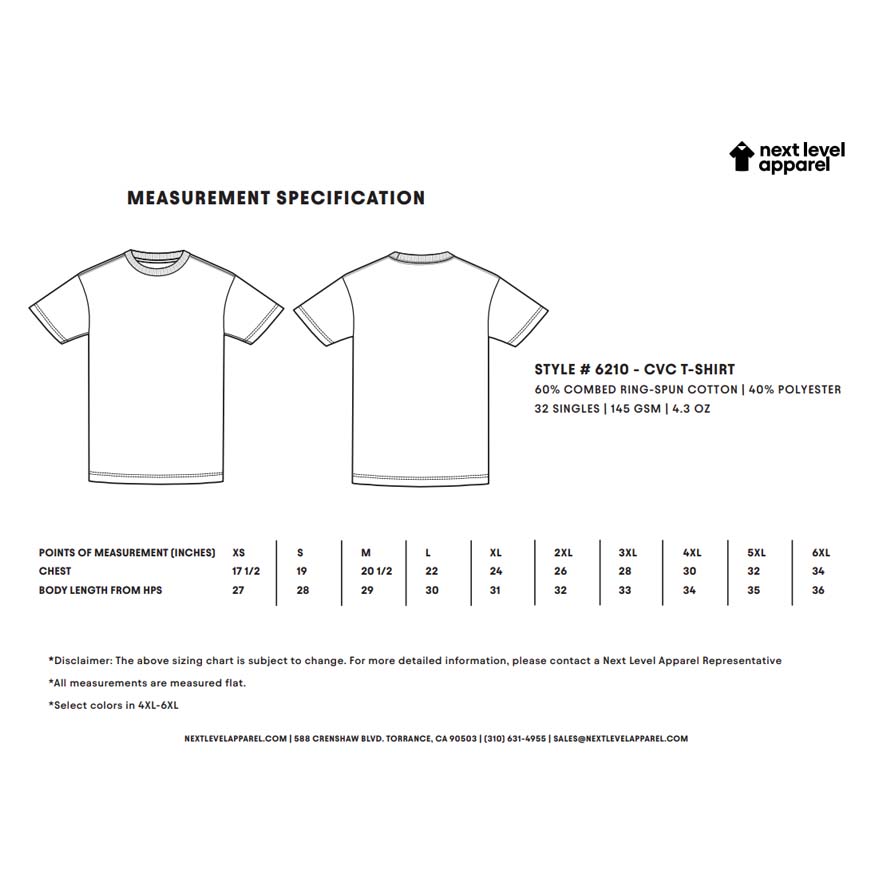 Measurement specification chart for 6210 t-shirt with Next Level Apparel branding.