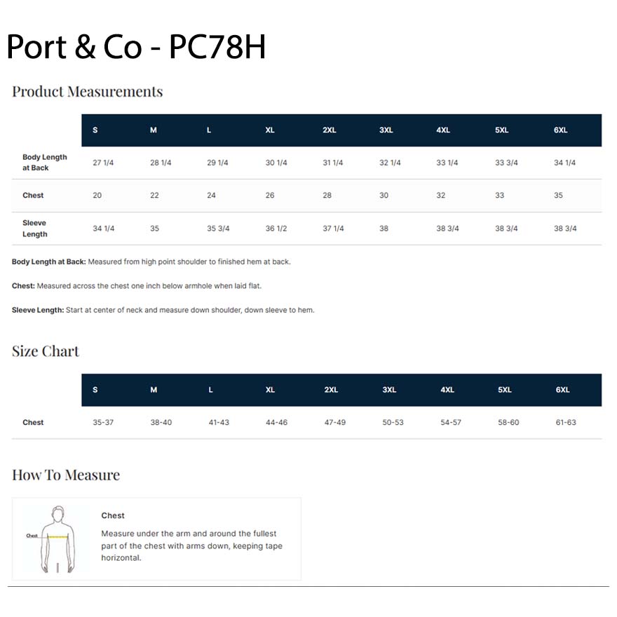 Port & Co. size chart for PC78H product with measurements and how-to-measure guide.