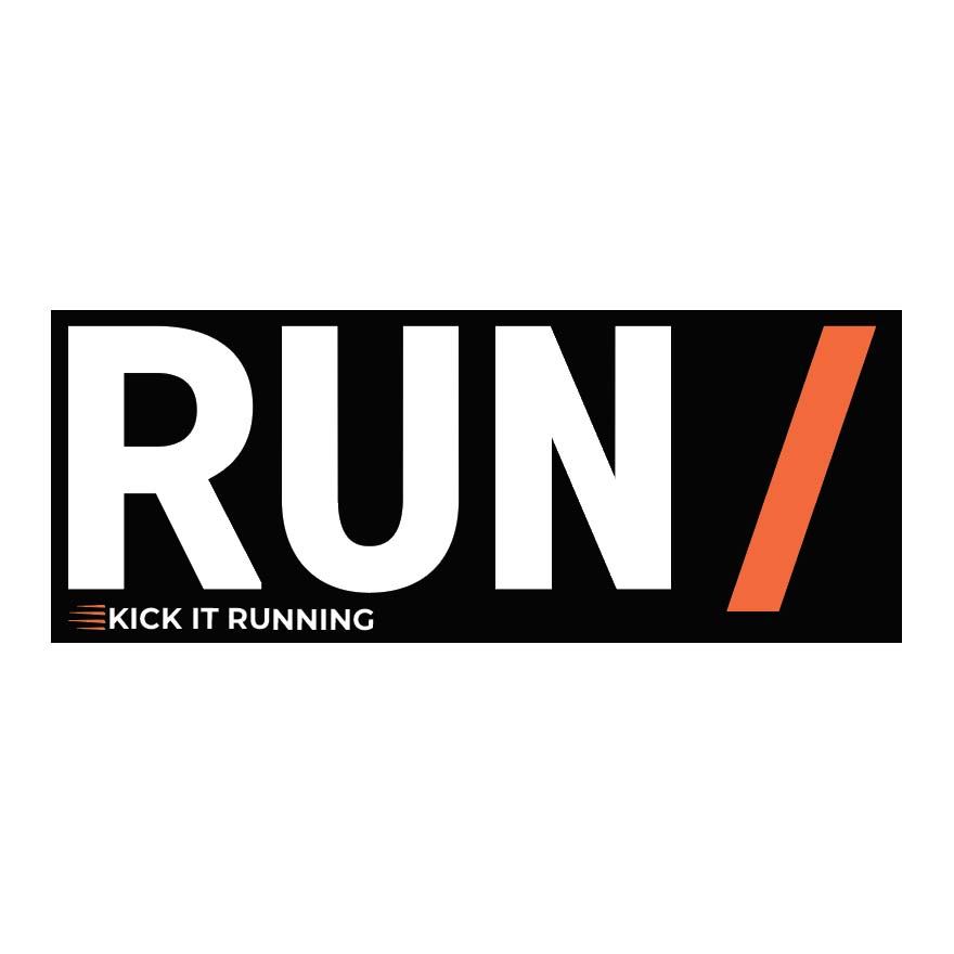 Logo with 'RUN' text and a red slash on a black background. The words Kick It Running below the word RUN.