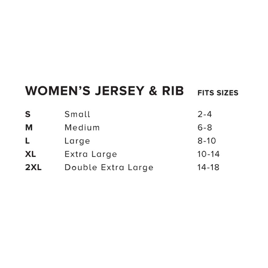 Size chart for women's jersey and rib fits on a white background